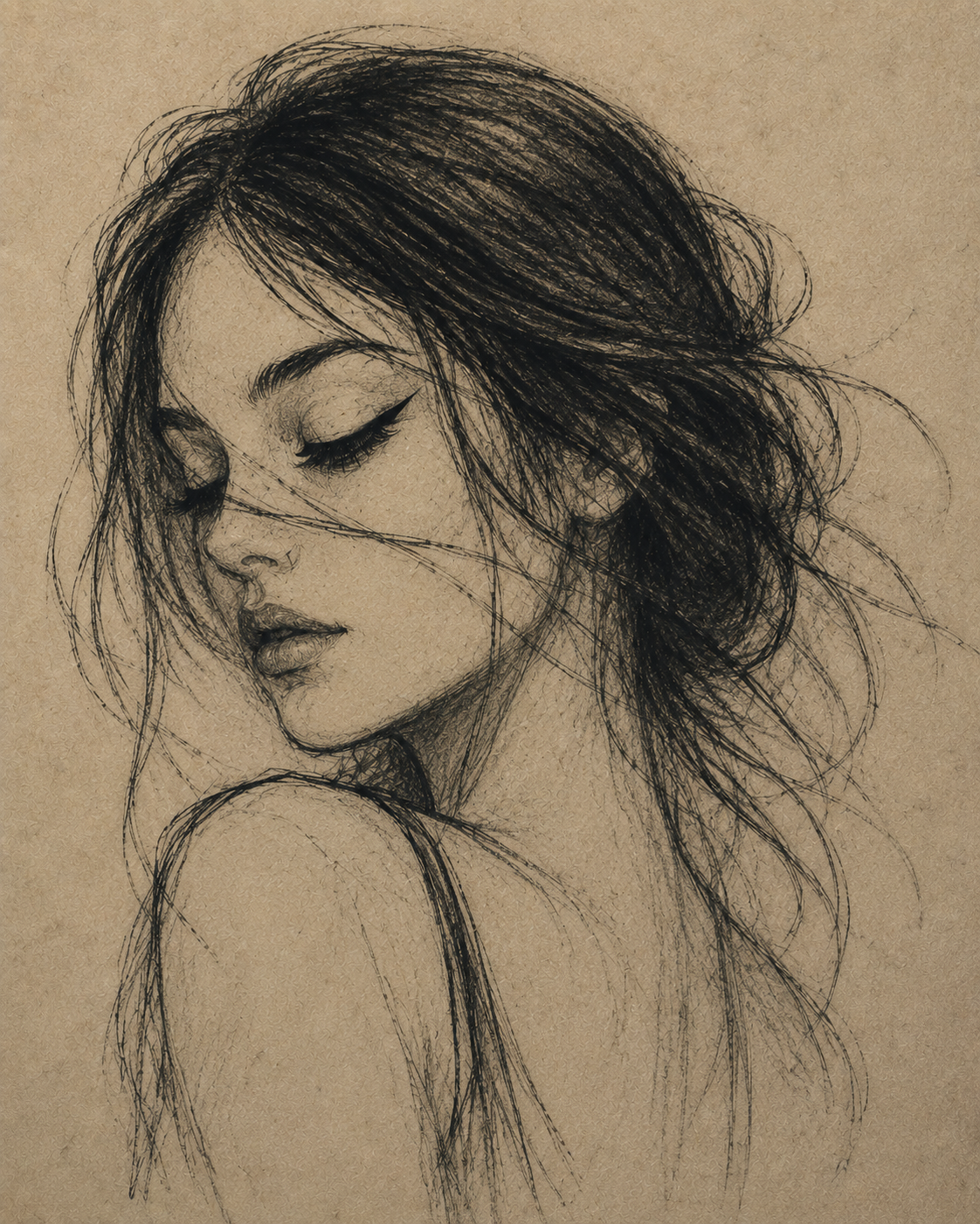 Charcoal drawing of a woman with closed eyes and windblown hair